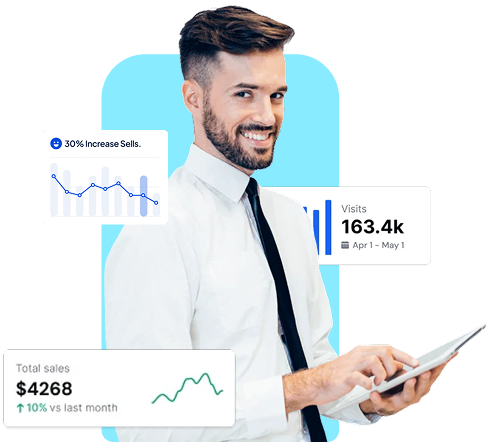 Commerce professional with analytics dashboard